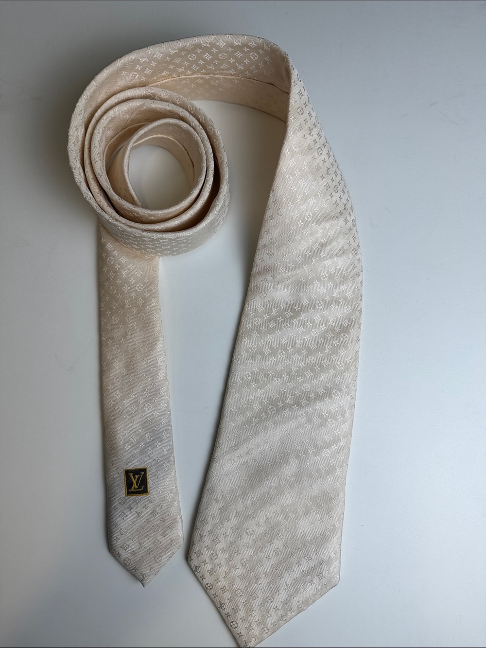 Louis Vuitton Cream Monogram Silk Tie with LV Crest